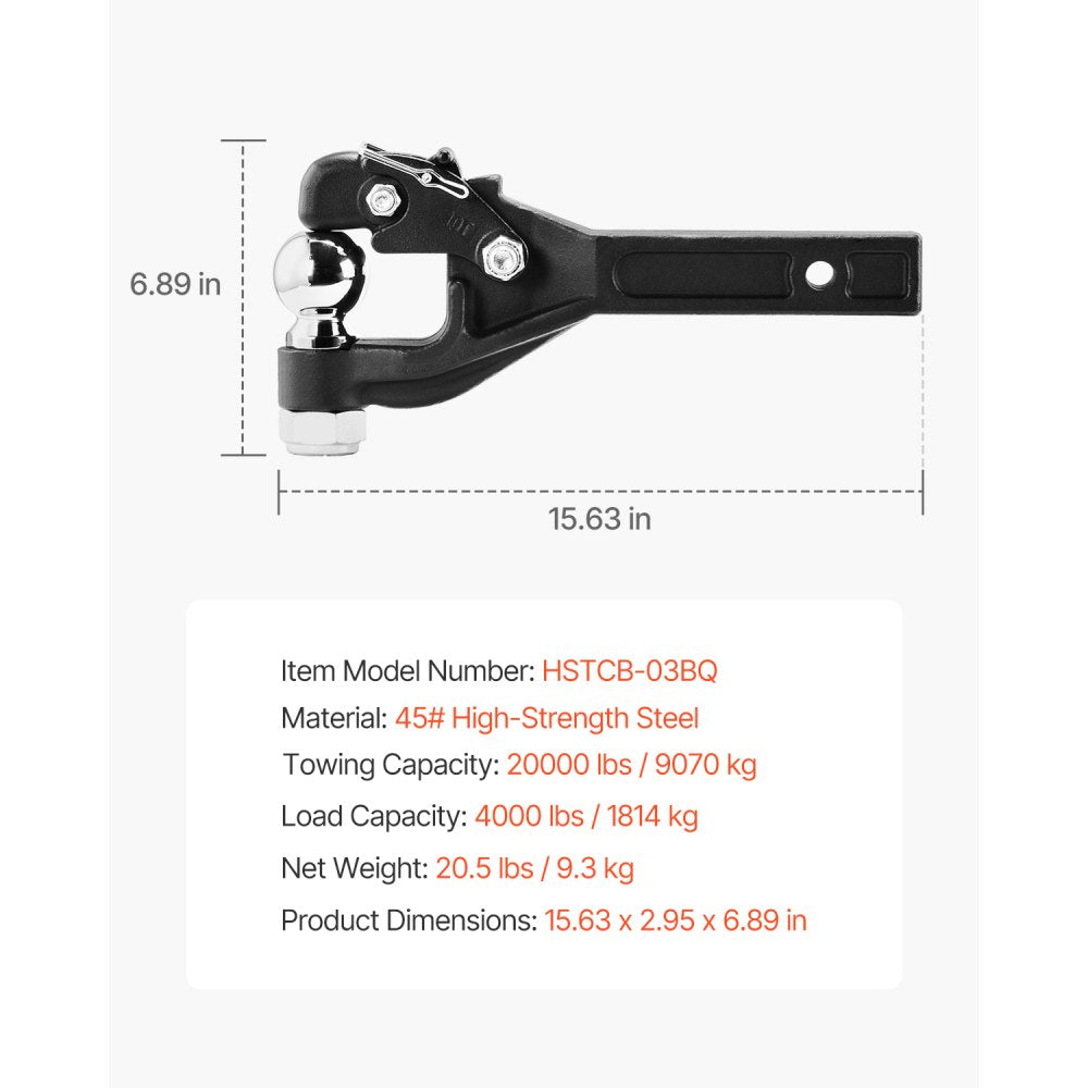 VEVOR Pintle Hook, 20000 lbs, Pintle Hook Hitch for 2-inch Hitch Hook Military Receiver, Combination 2-5/16-inch Hitch Ball, Fits 2.5 to 3-inch Lunette Ring, 15.6-inch Length, Black Powder Coat