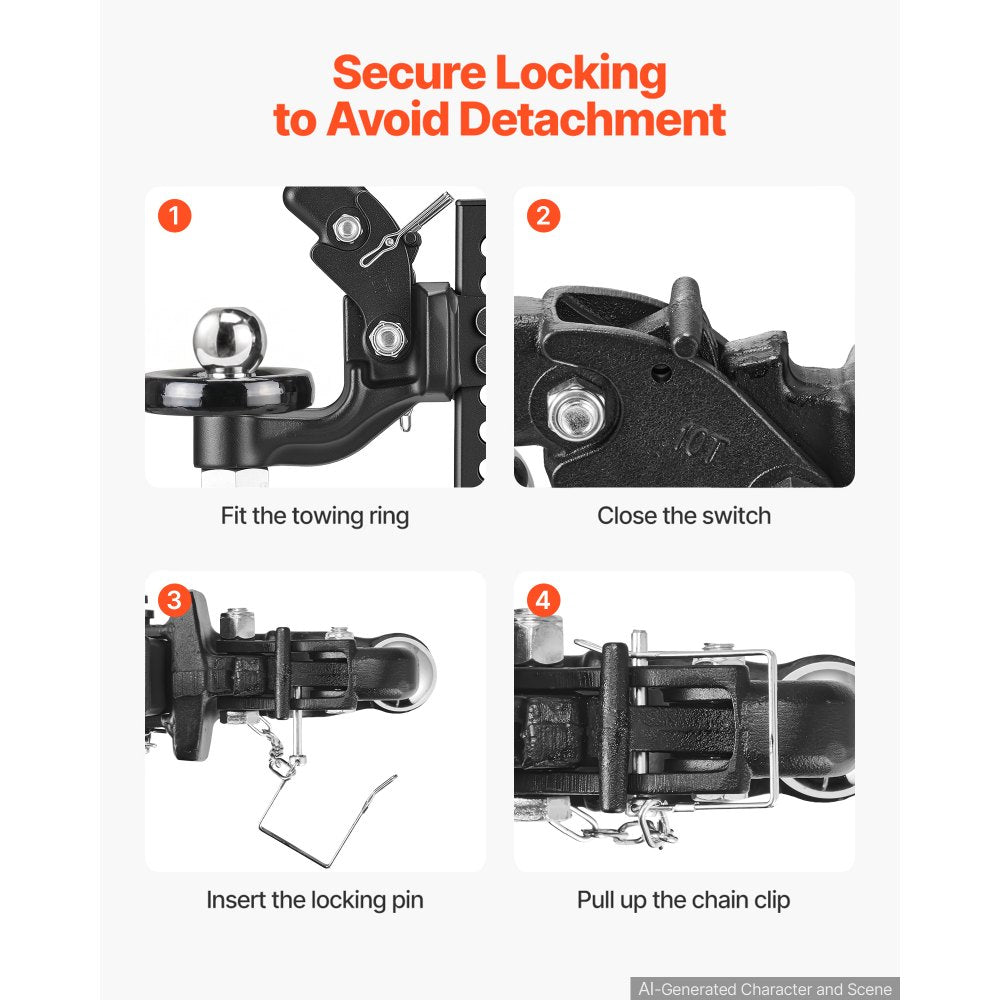 VEVOR Pintle Hook, 2 in Ball 20000 lbs Max. Towing Capacity Pintle Hitch, for Trucks, Trailers, and Heavy-Duty Towing, Fits 2 in Receiver, Combines Hitch Ball & Hook Functions, Flexible Connection