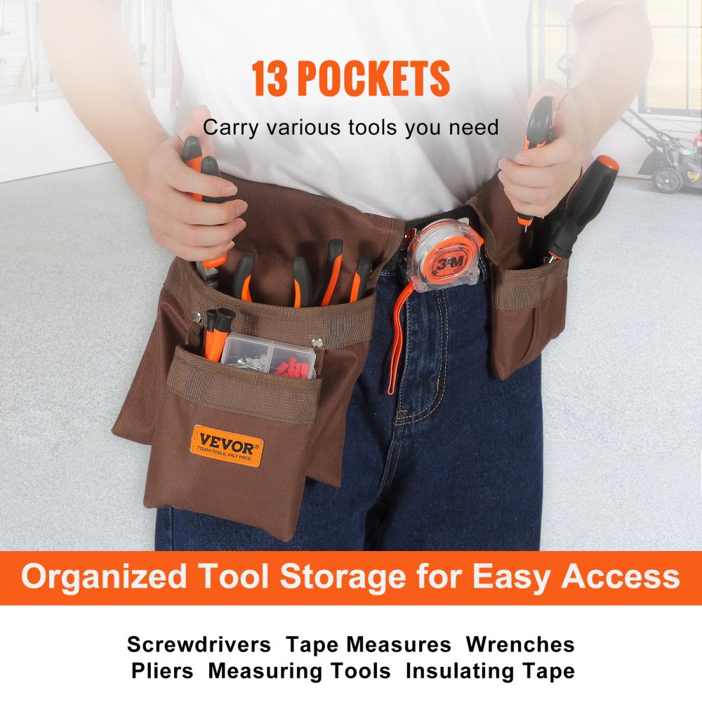 VEVOR Tool Belt, Adjusts from 29 Inches to 54 Inches, Polyester Heavy Duty Tool Pouch Bag, Detachable Tool Bag for Electrician, Carpenter, Handyman, Woodworker, Construction, Framer, Brown