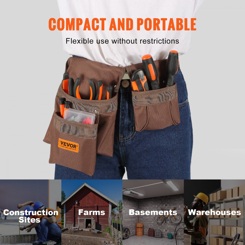 VEVOR Tool Belt, Adjusts from 29 Inches to 54 Inches, Polyester Heavy Duty Tool Pouch Bag, Detachable Tool Bag for Electrician, Carpenter, Handyman, Woodworker, Construction, Framer, Brown