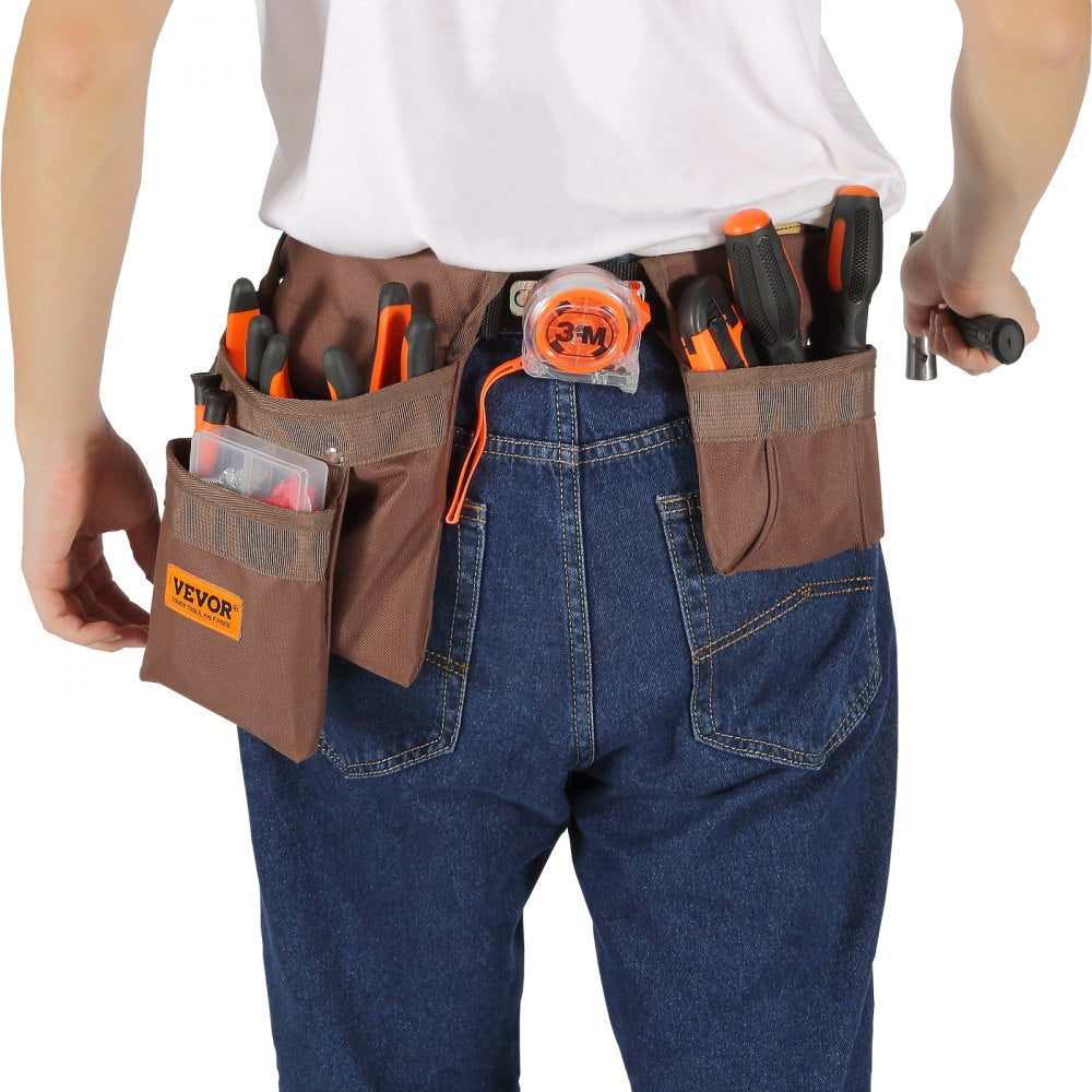 VEVOR Tool Belt, Adjusts from 29 Inches to 54 Inches, Polyester Heavy Duty Tool Pouch Bag, Detachable Tool Bag for Electrician, Carpenter, Handyman, Woodworker, Construction, Framer, Brown