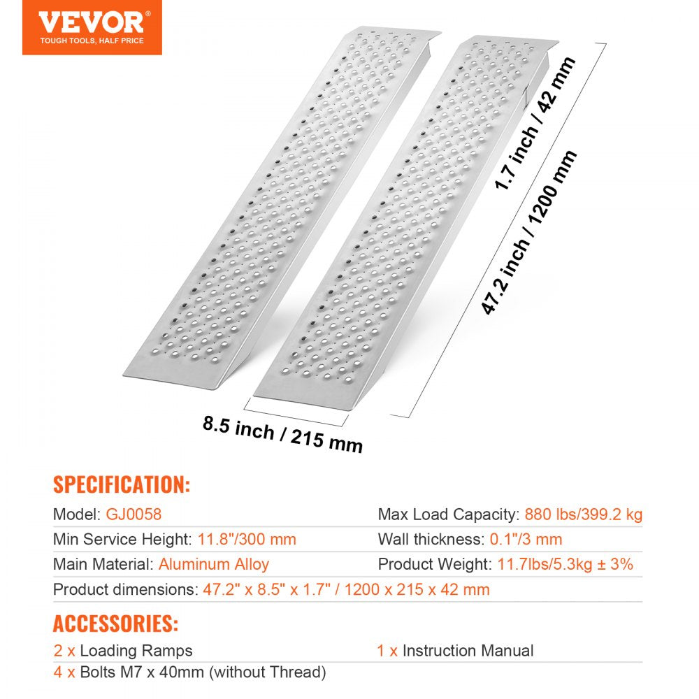 VEVOR Portable Loading Ramps, 2 Pcs 47.2 x 8.5 in, Durable Aluminum Shed Ramp Set with Anti-Slip Holes, Compact Design and Easy Storage, 880 Lbs Weight Capacity, for ATV, Tractors, Lawn Mowers, Carts