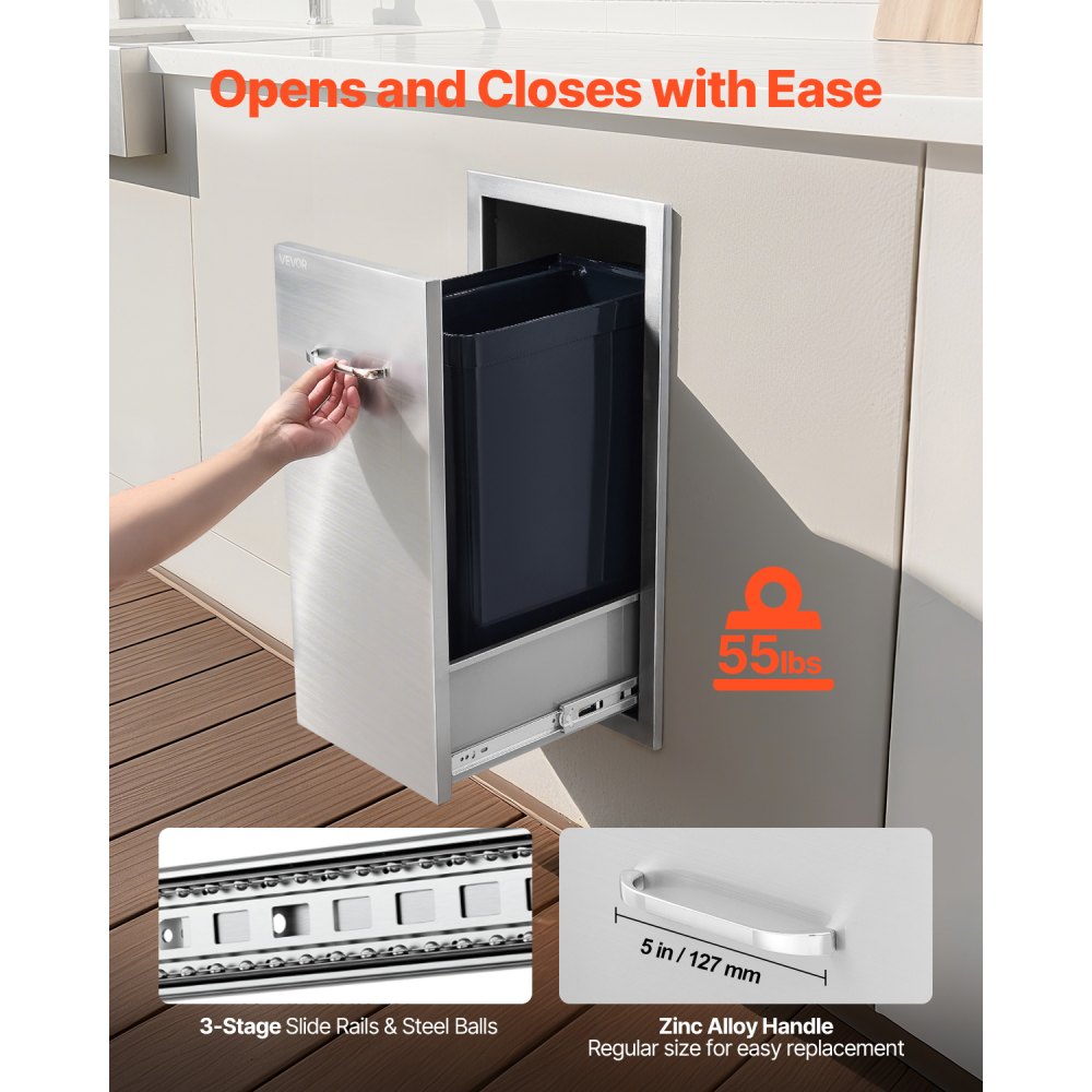 VEVOR Outdoor Kitchen Trash Drawer, 13.54"W x 19.61"D x 25.79"H Interior Storage, Multi-Purpose Outdoor Kitchen Drawers Stainless Steel, 55 lbs Max Capacity per Tier, for Outdoors BBQ Island Kitchens