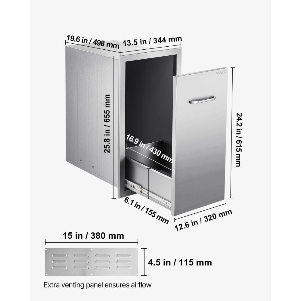 VEVOR Outdoor Kitchen Trash Drawer, 13.54"W x 19.61"D x 25.79"H Interior Storage, Multi-Purpose Outdoor Kitchen Drawers Stainless Steel, 55 lbs Max Capacity per Tier, for Outdoors BBQ Island Kitchens