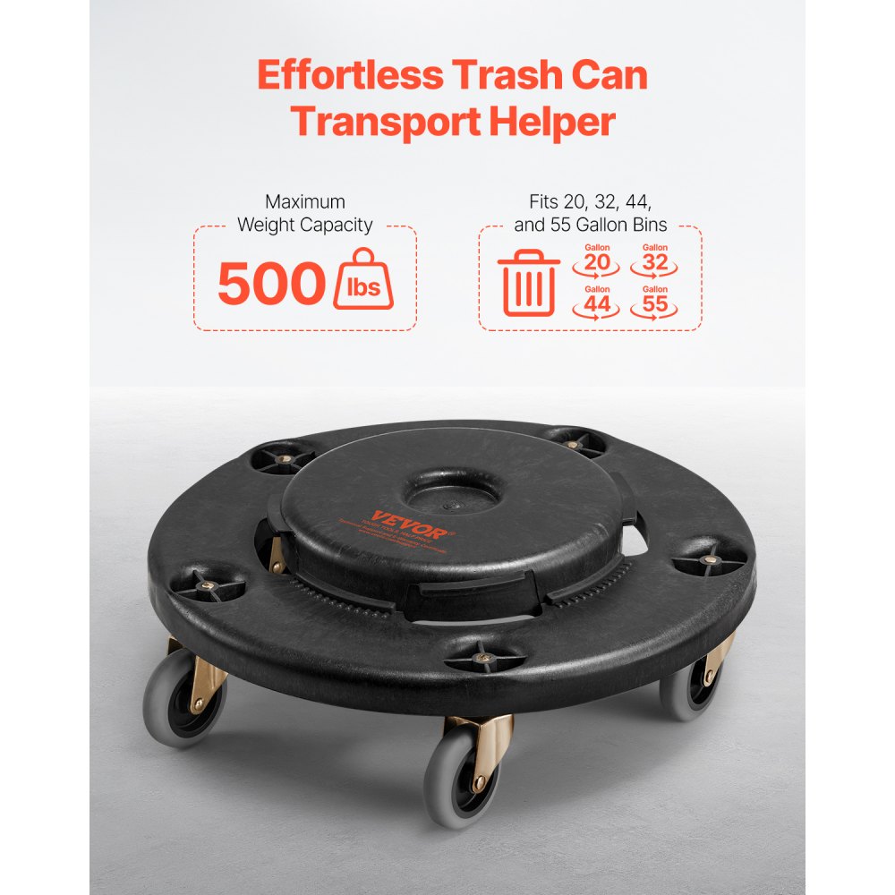 VEVOR Trash Can Dolly, Fit 20, 32, 44, 55 Gallon Containers, Round Trash Can Roller Base with 4 Lockable Wheels, 500lbs Weight Capacity, Heavy Duty Barrel Dolly, Multi-Functional Rolling Dolly Cart