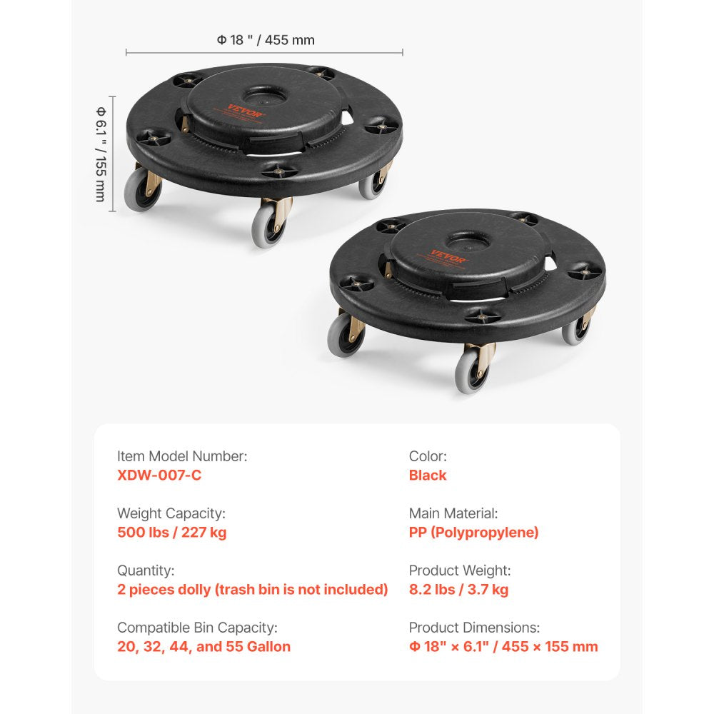 VEVOR Trash Can Dolly, Fit 20, 32, 44, 55 Gallon Containers, 2 Packs Round Trash Can Roller Base with 4 Lockable Wheels, 500lbs Heavy Duty Barrel Dolly, Multi-Functional Rolling Dolly Cart