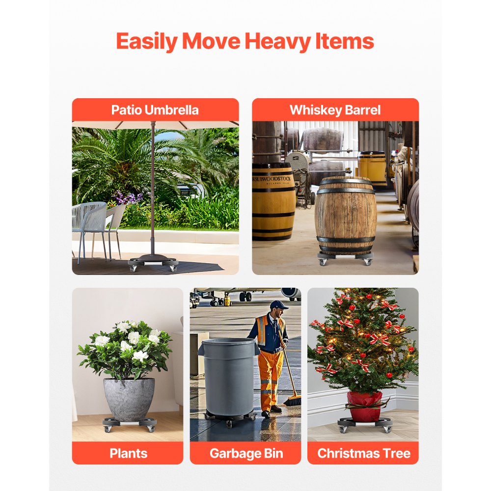 VEVOR Trash Can Dolly with 4 Lockable Wheels, 440lbs Weight Capacity, Round Trash Can Roller Base, 15-22.8 in Adjustable, Heavy Duty Drum Dolly Plant Caddy, Multi-Functional Rolling Dolly Cart, Black
