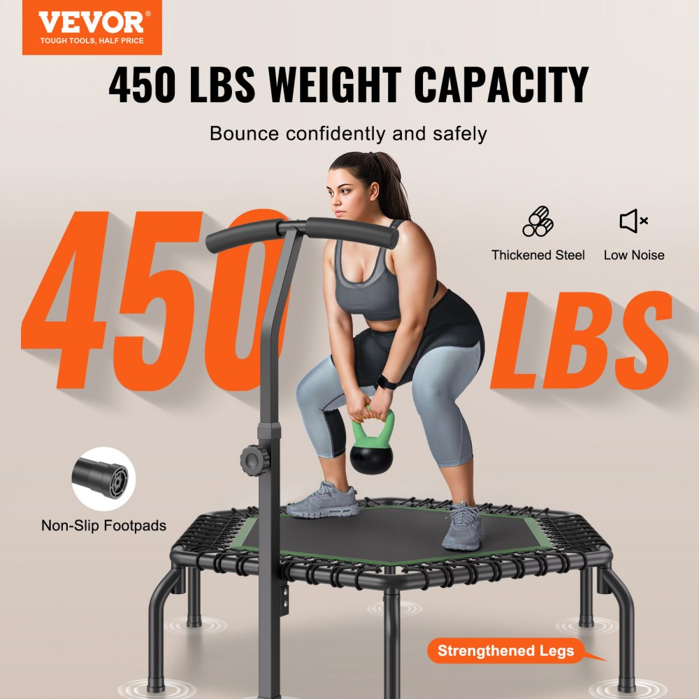 VEVOR Mini Trampoline, 54.5 Inch Fitness Rebounder, Max Load 450 lbs Exercise Trampoline, Stable & Quiet Small Trampoline with 3 Levels Height Adjustable Foam Handle, for Adults Indoor/Garden Workout