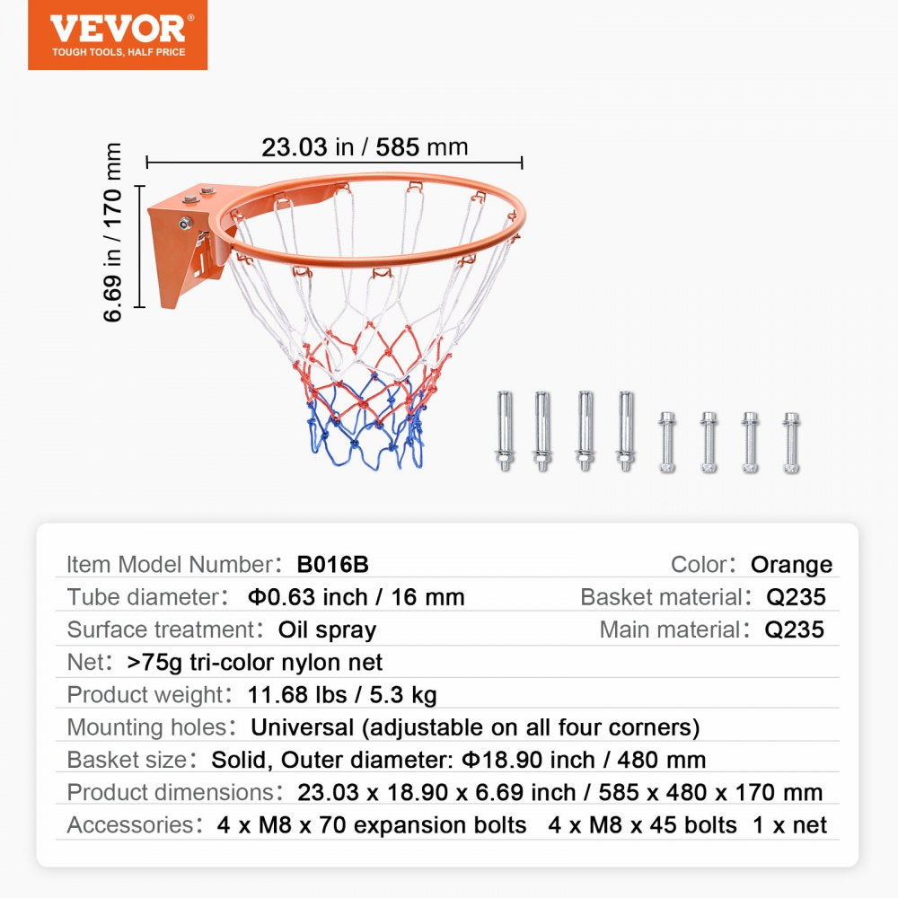 VEVOR Basketball Rim, Wall Door Mounted Basketball Hoop, Heavy Duty Q235 Basketball Flex Rim Goal Replacement with Net, Standard 18" Indoor and Outdoor Hanging Basketball Hoop for Kids Adults