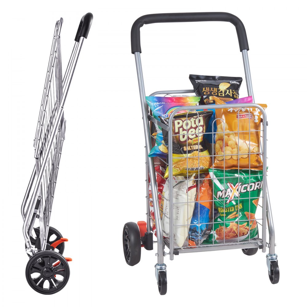 VEVOR Folding Shopping Cart, 66 lbs Max Load Capacity, Grocery Utility Cart with Rolling Swivel Wheels, Heavy Duty Foldable Laundry Basket Trolley Compact Lightweight Collapsible for Luggage, Silver