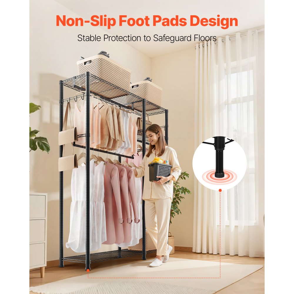 VEVOR Clothing Garment Rack, Heavy Duty Clothes Rack, 6 Adjustable Tiers Clothes Racks with Steel Frame, 800 lbs Load Capacity Closet Wardrobe with 3 Hanging Rods for Bedroom, Clothing Store, Hallway