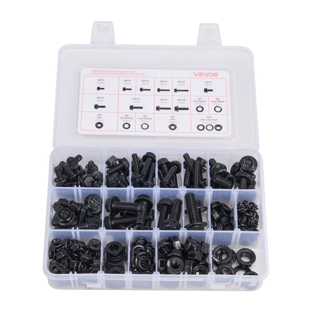 VEVOR 280 Pcs Bolts and Nuts Assortment Kit, Metric Machine Screws and Flat Washers, Alloy Steel M6/M8/M10 Multiple Size, for Furniture / Equipment Assembly, Vehicle Grade 10.9 Black, with Case