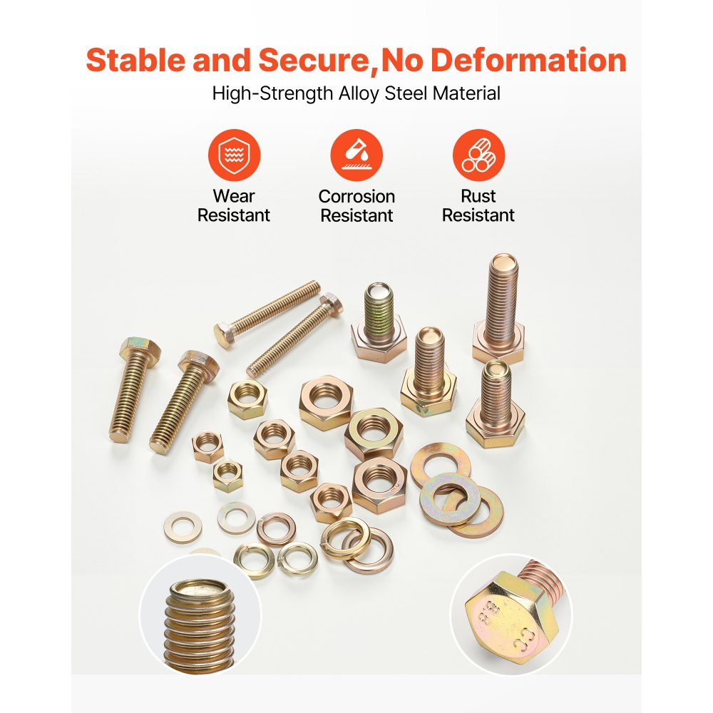 VEVOR 906 Pcs Bolts and Nuts Assortment Kit, Metric Machine Screws and Flat Washers, Alloy Steel M4/M5/M6/M8 Multiple Size, for Equipment Assembly, Vehicle Grade 8.8 Gold-Plated Galvanized
