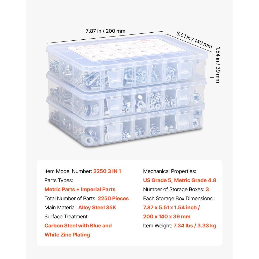VEVOR 2250 Pcs Bolts and Nuts Assortment Kit, Metric + Imperial Machine Screws and Flat Washers, Alloy Steel M3/M4/M5/M6/M8 Multiple Size, for Equipment/Vehicle Assembly,Galvanized White
