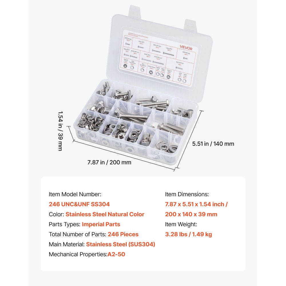 VEVOR 246 Pcs Bolts and Nuts Assortment Kit, Imperial Screws and Flat Washers, Stainless Steel 1/4-20,5/16-18,3/8-16, Spring Lock Washers for Furniture / Equipment /Vehicle Assembly with Case