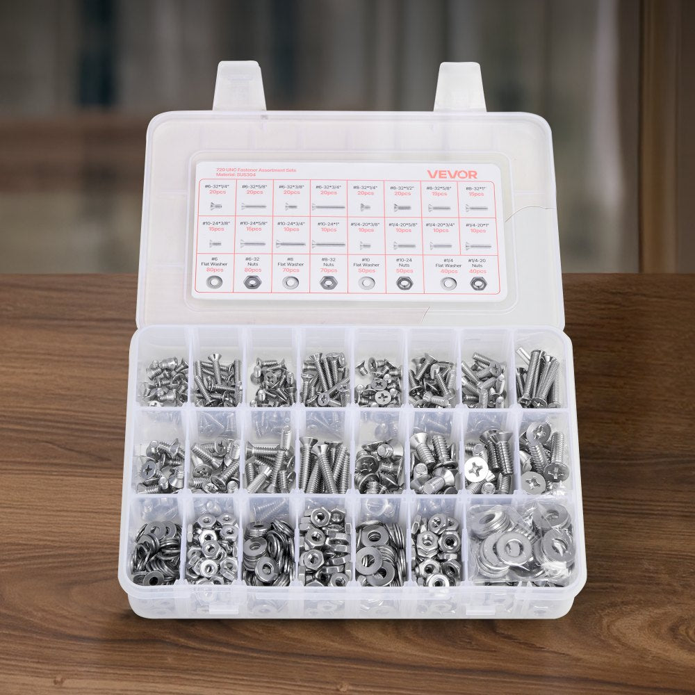 VEVOR 720 Pcs Bolts and Nuts Assortment Kit, Imperial Machine Screws and Flat Washers, Stainless Steel 6-32,8-32,10-24,1/4-20, for Furniture /Equipment/Vehicle Assembly, Silver