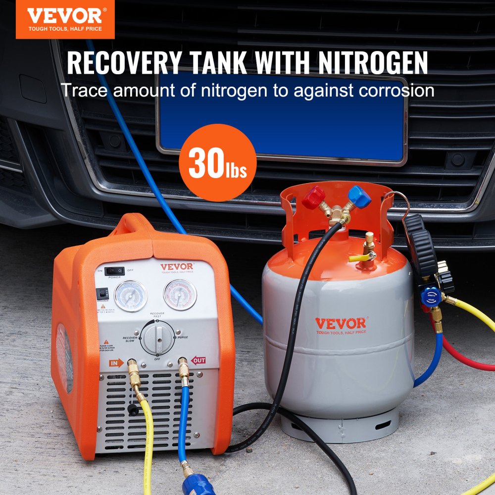 VEVOR Refrigerant Recovery Tank, 30 LBS Capacity, 400 psi Portable Cylinder Tank with Y-Valve for Liquid/Vapor, High-sealing Recovery Can for R22/R134A/R410A, Orange+Gray