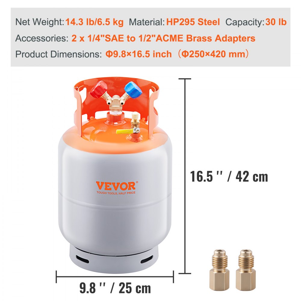 VEVOR Refrigerant Recovery Tank, 30 LBS Capacity, 400 psi Portable Cylinder Tank with Y-Valve for Liquid/Vapor, High-sealing Recovery Can for R22/R134A/R410A, Orange+Gray