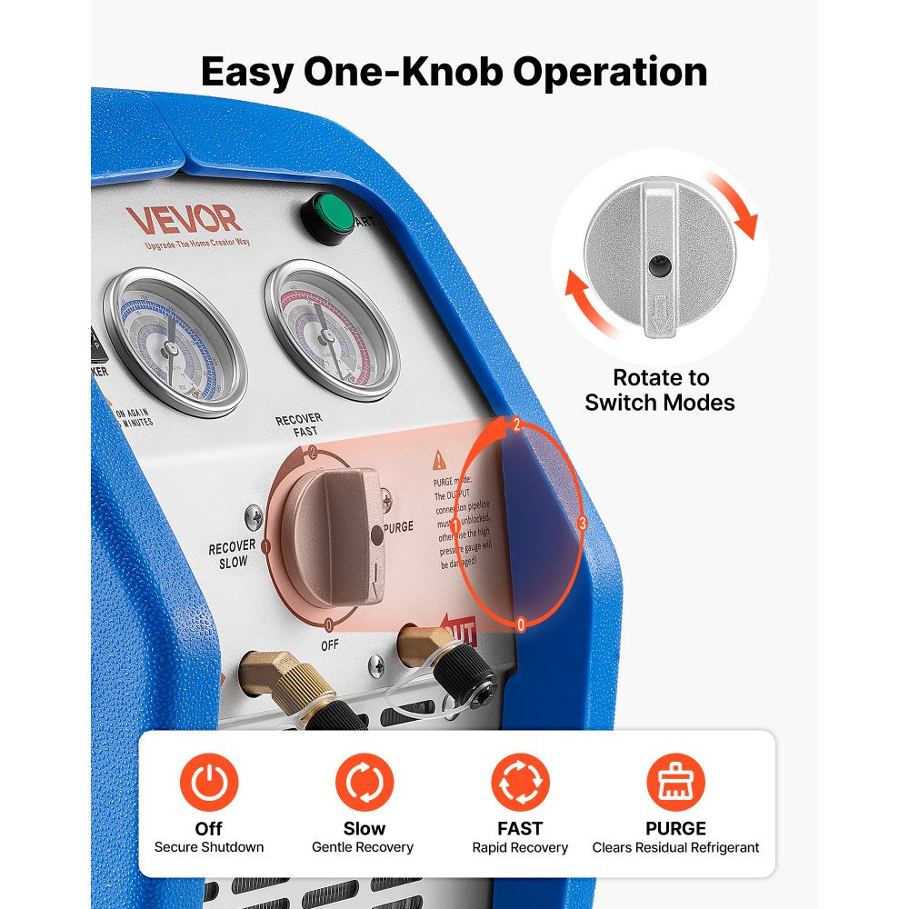 VEVOR Portable Refrigerant Recovery Machine, 1 HP 120V 60Hz Dual Cylinder AC Recovery Machine for Liquid Vapor Refrigerant, 1750 RPM Recycling Unit HVAC for Automotive & Household Air Conditioning