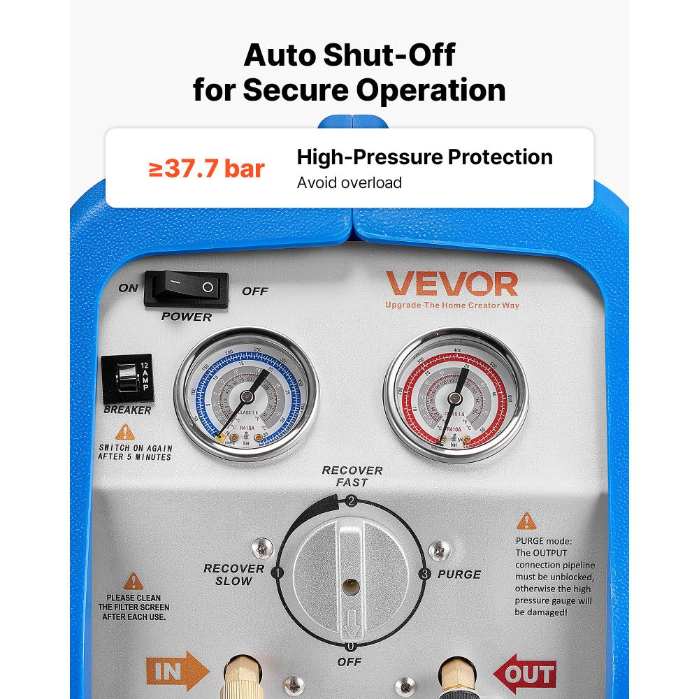 VEVOR Portable Refrigerant Recovery Machine, 3/4 HP 120V 60Hz Single Cylinder AC Recovery Machine for Liquid Vapor Refrigerant, 1750 RPM Recycling Unit HVAC for Automotive & Household Air Conditioning