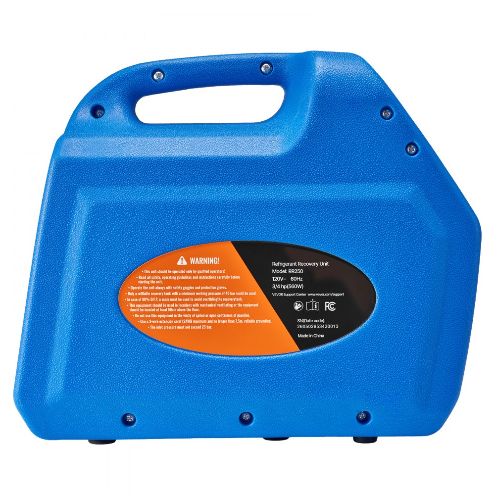 VEVOR Portable Refrigerant Recovery Machine, 3/4 HP 120V 60Hz Single Cylinder AC Recovery Machine for Liquid Vapor Refrigerant, 1750 RPM Recycling Unit HVAC for Automotive & Household Air Conditioning