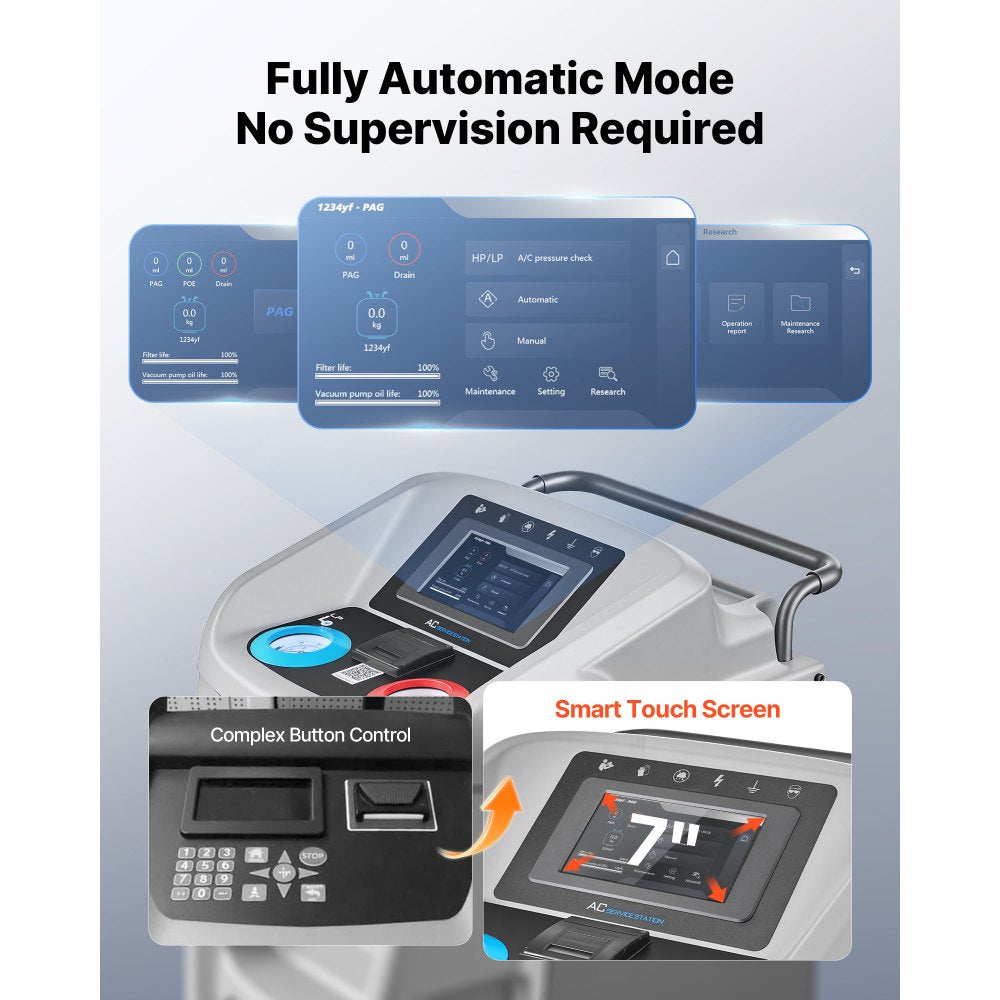 VEVOR Fully Automatic Refrigerant Recovery Machine for 1234yf, ≥98.5% Accuracy, 7-Inch Touch Screen, AC Recovery, Vacuum, and Recharging Machine for Standard and High Voltage Automotive A/C Systems