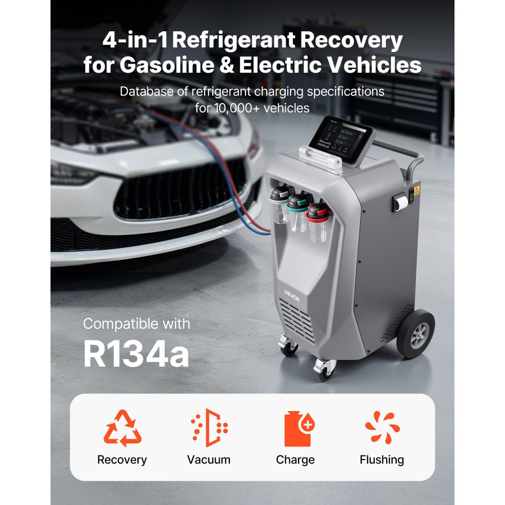 VEVOR Fully Automatic Refrigerant Recovery Machine for R134a, ≥98.5% Accuracy, 10.1-Inch Touch Screen, AC Recovery, Vacuum, Recharging and Flushing for Standard & High Voltage Automotive A/C Systems