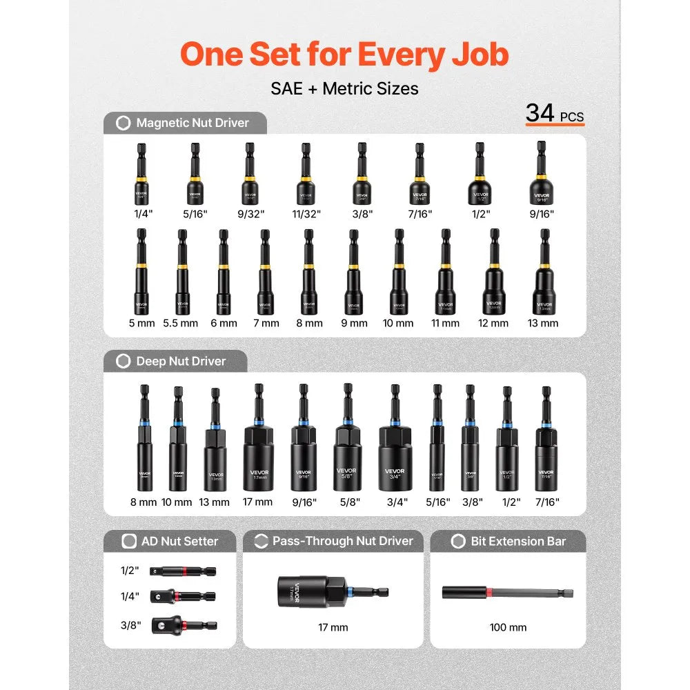 VEVOR Master Magnetic Impact Nut Driver Set 34-Piece, Metric & SAE Sizes, with Nut Setter, Quick Release Extension, Wing Nut Driver, Storage Box, Versatile for Automotive, Machinery, and DIY Tasks