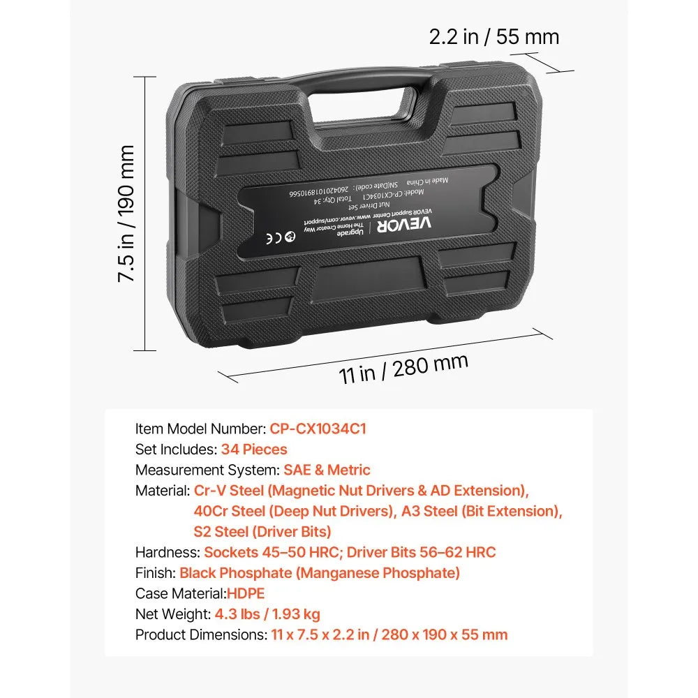 VEVOR Master Magnetic Impact Nut Driver Set 34-Piece, Metric & SAE Sizes, with Nut Setter, Quick Release Extension, Wing Nut Driver, Storage Box, Versatile for Automotive, Machinery, and DIY Tasks