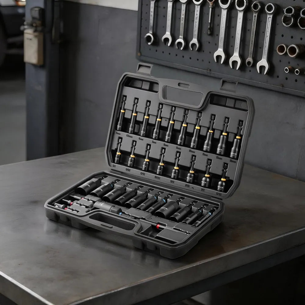 VEVOR Master Magnetic Impact Nut Driver Set 34-Piece, Metric & SAE Sizes, with Nut Setter, Quick Release Extension, Wing Nut Driver, Storage Box, Versatile for Automotive, Machinery, and DIY Tasks