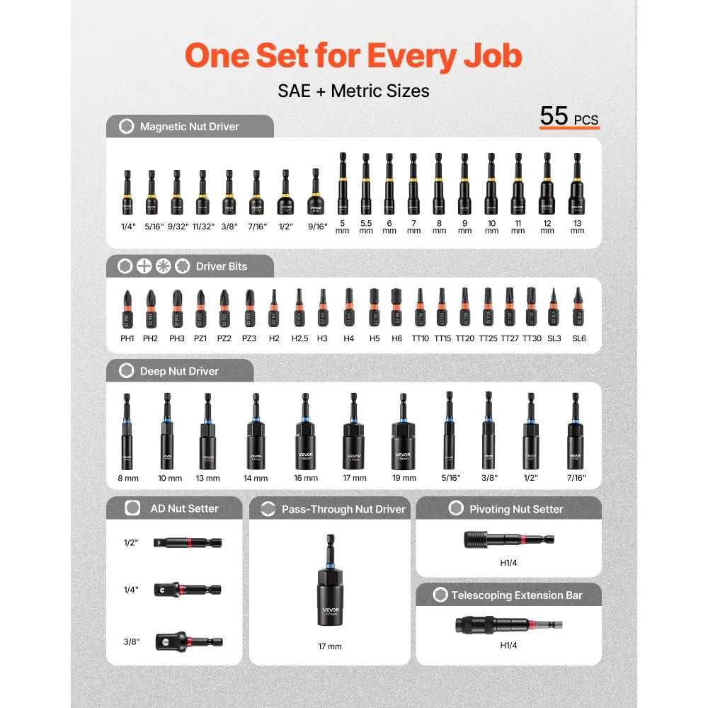 VEVOR Master Magnetic Impact Nut Driver Set 55PCS, Metric & SAE Sizes, with Socket Adapters, Bit Holder, Wing Nut Driver, Pivoting Nutsetter, Quick Release Extension, Power Bits, Storage Box