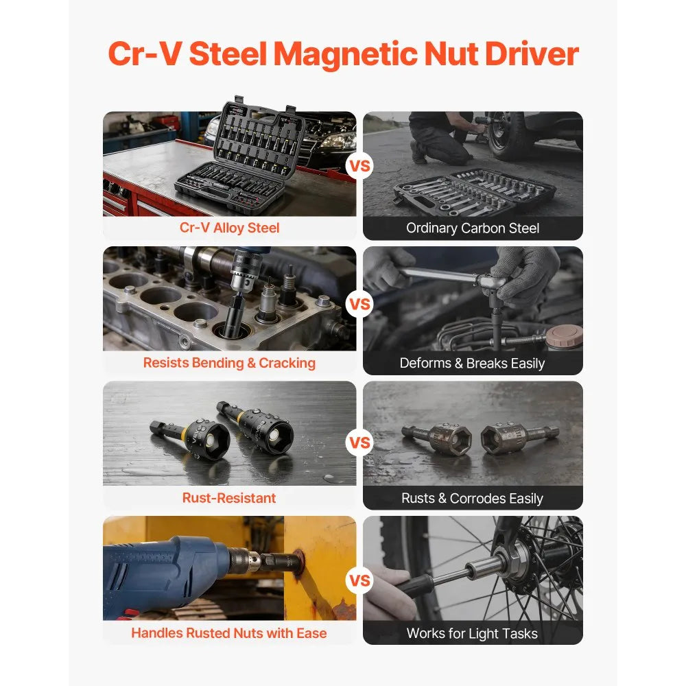 VEVOR Master Magnetic Impact Nut Driver Set 55PCS, Metric & SAE Sizes, with Socket Adapters, Bit Holder, Wing Nut Driver, Pivoting Nutsetter, Quick Release Extension, Power Bits, Storage Box