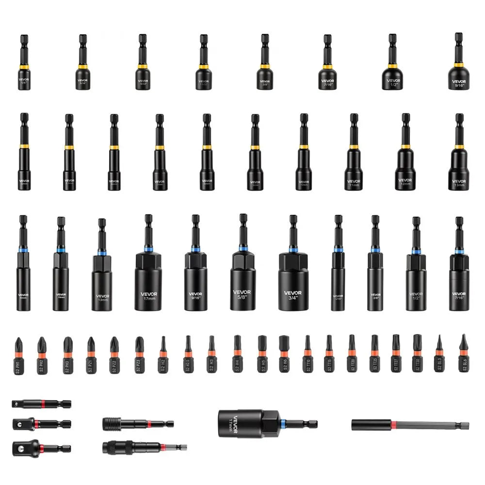 VEVOR Master Magnetic Impact Nut Driver Set 55PCS, Metric & SAE Sizes, with Socket Adapters, Bit Holder, Wing Nut Driver, Pivoting Nutsetter, Quick Release Extension, Power Bits, Storage Box
