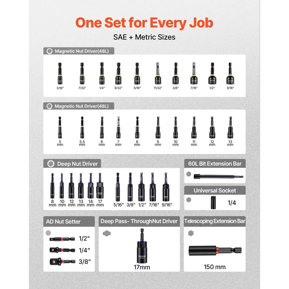 VEVOR 80-Piece Premium Magnetic Impact Nut Driver Set, Metric & SAE Sizes, with Socket Adapters, Bit Holder, Wing Nut Driver, Universal Sockets, Quick Release Extension, Power Bits, Storage Box