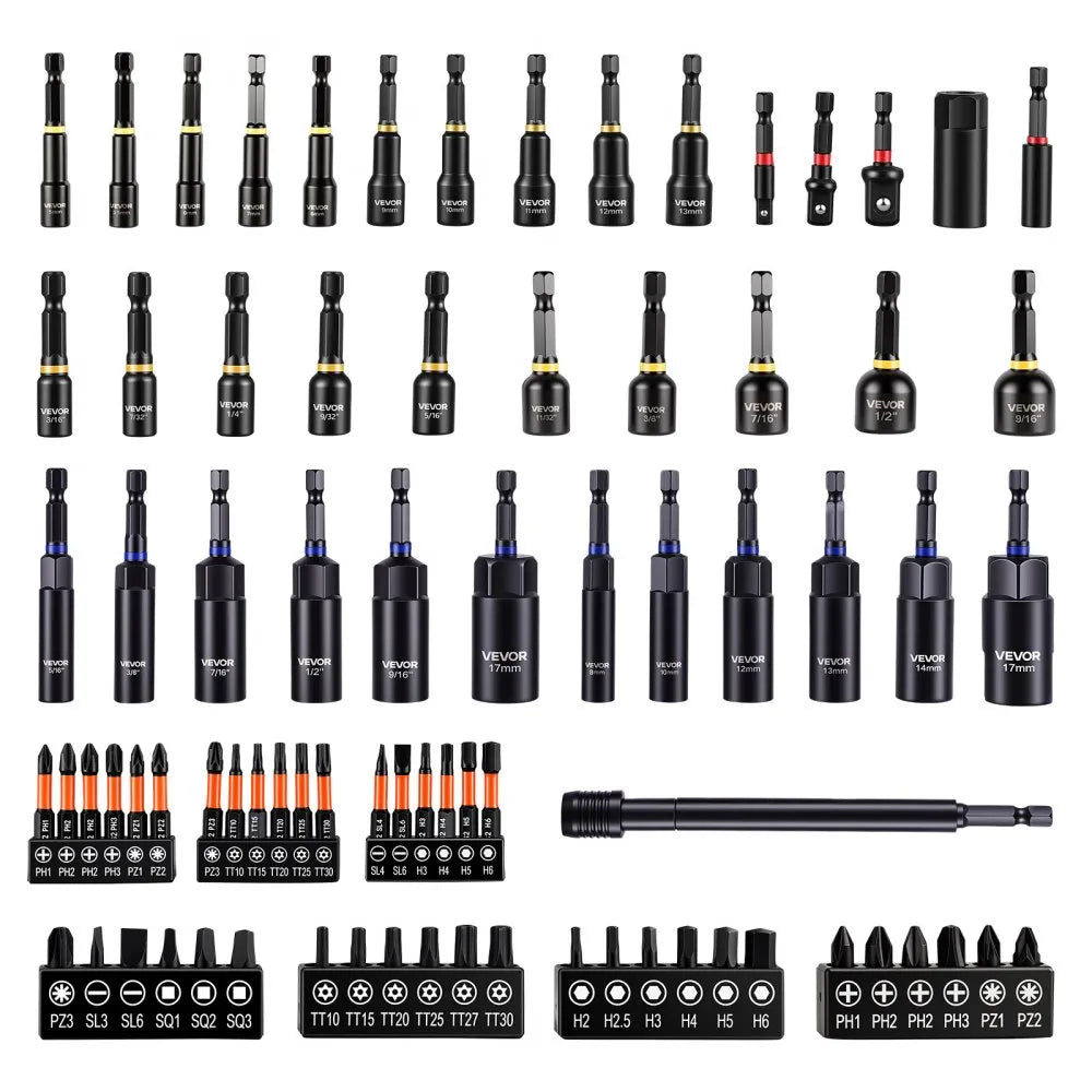 VEVOR 80-Piece Premium Magnetic Impact Nut Driver Set, Metric & SAE Sizes, with Socket Adapters, Bit Holder, Wing Nut Driver, Universal Sockets, Quick Release Extension, Power Bits, Storage Box