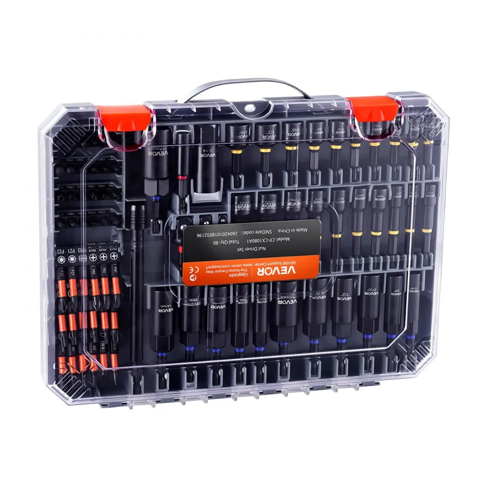 VEVOR 80-Piece Premium Magnetic Impact Nut Driver Set, Metric & SAE Sizes, with Socket Adapters, Bit Holder, Wing Nut Driver, Universal Sockets, Quick Release Extension, Power Bits, Storage Box