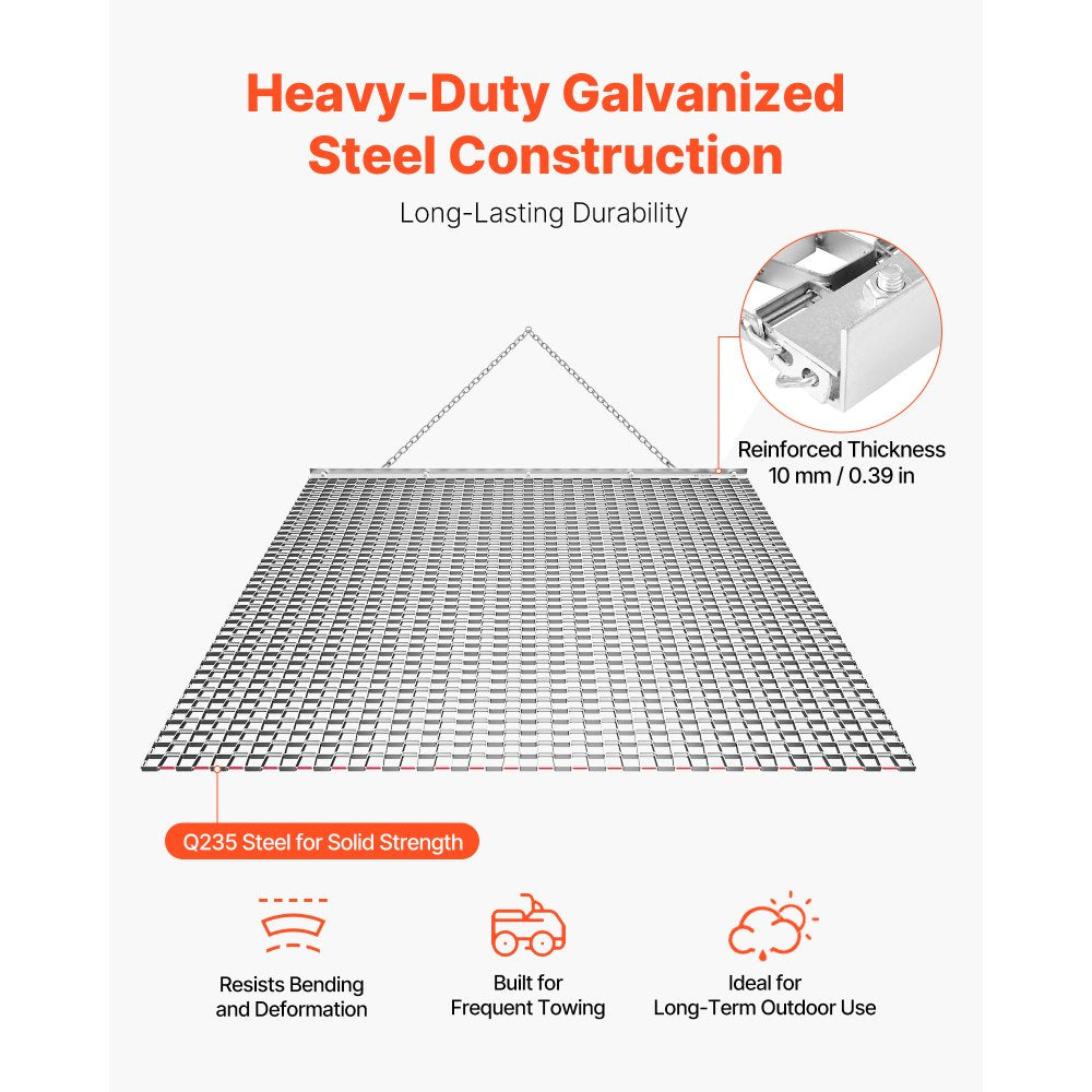 VEVOR Drag Harrow, 4 x 4 ft, High-Efficiency Chain Harrow Rake, ATVs UTVs Tractors Attachments, Durable Galvanized Steel Mesh Drag Mat with Towing Chain, for Gravel Driveway Ruts Farm Field Leveling