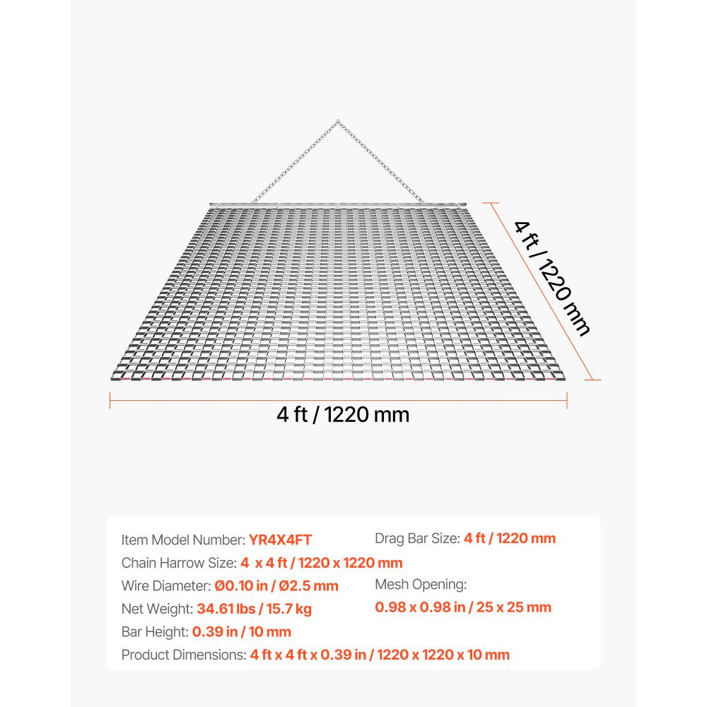 VEVOR Drag Harrow, 4 x 4 ft, High-Efficiency Chain Harrow Rake, ATVs UTVs Tractors Attachments, Durable Galvanized Steel Mesh Drag Mat with Towing Chain, for Gravel Driveway Ruts Farm Field Leveling