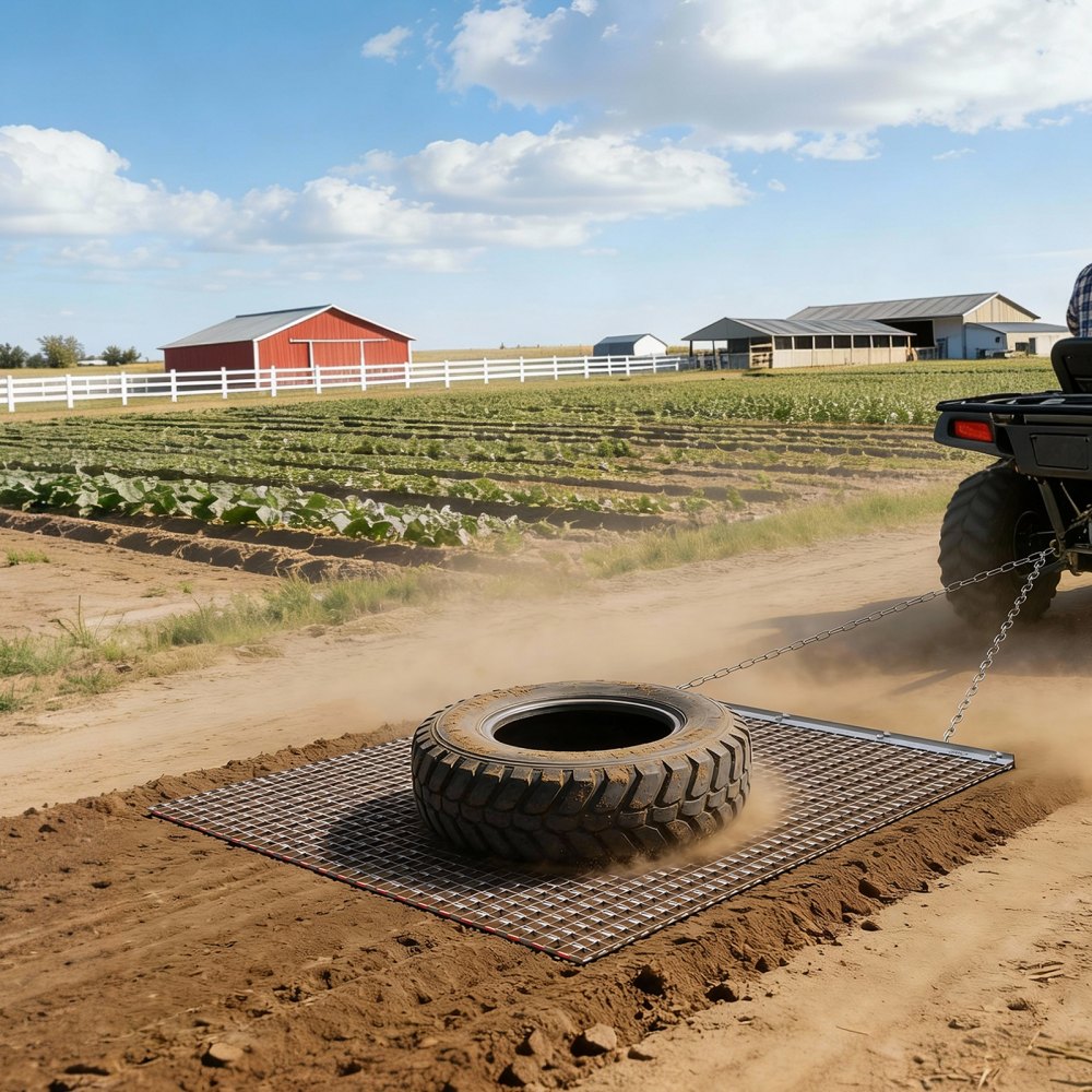 VEVOR Drag Harrow, 4 x 4 ft, High-Efficiency Chain Harrow Rake, ATVs UTVs Tractors Attachments, Durable Galvanized Steel Mesh Drag Mat with Towing Chain, for Gravel Driveway Ruts Farm Field Leveling