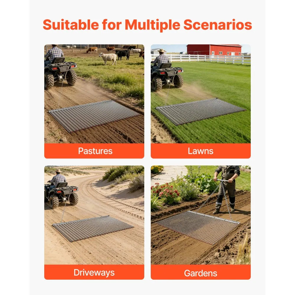 VEVOR Drag Harrow, 5 x 3 ft, High-Efficiency Chain Harrow Rake, ATVs UTVs Tractors Attachments, Durable Galvanized Steel Mesh Drag Mat with Towing Chain, for Gravel Driveway Ruts Farm Field Leveling