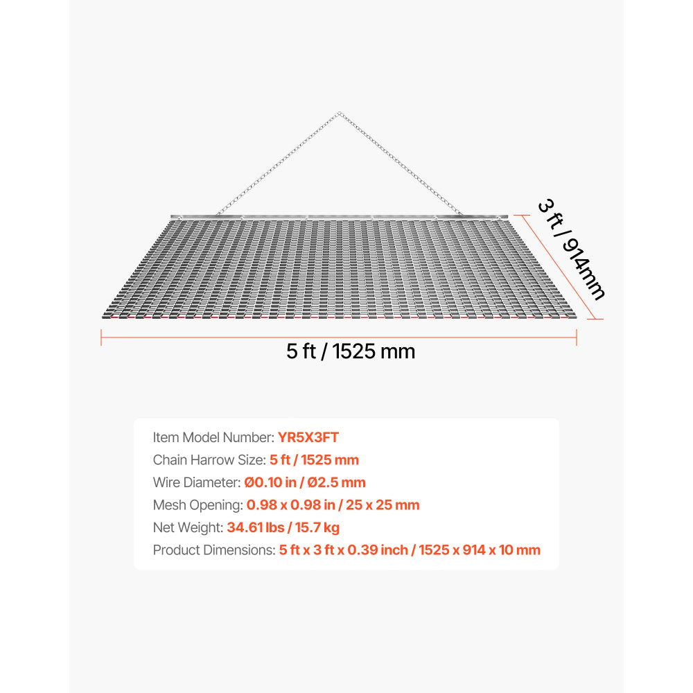 VEVOR Drag Harrow, 5 x 3 ft, High-Efficiency Chain Harrow Rake, ATVs UTVs Tractors Attachments, Durable Galvanized Steel Mesh Drag Mat with Towing Chain, for Gravel Driveway Ruts Farm Field Leveling
