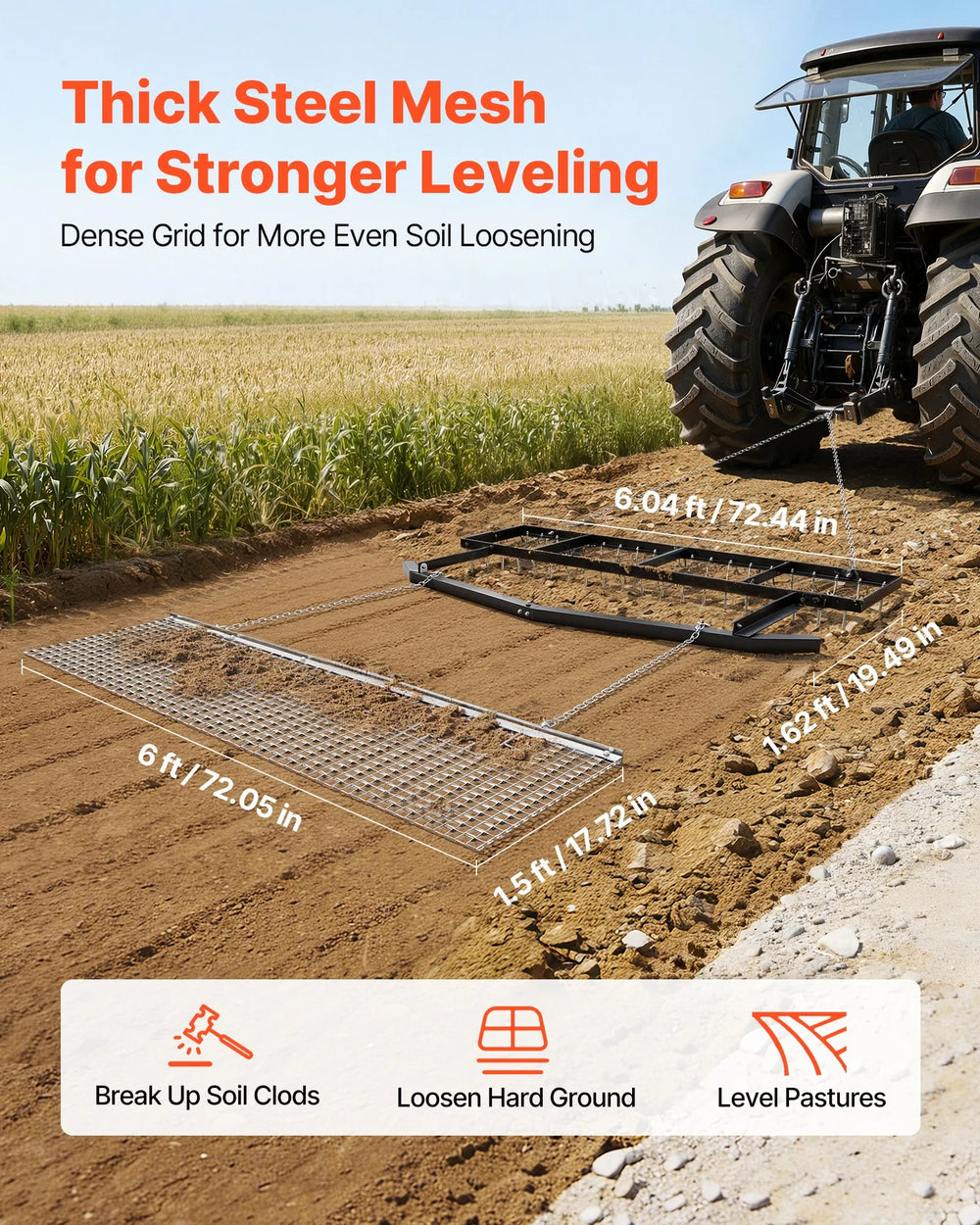 VEVOR drag harrow in use leveling soil with dimensions callouts