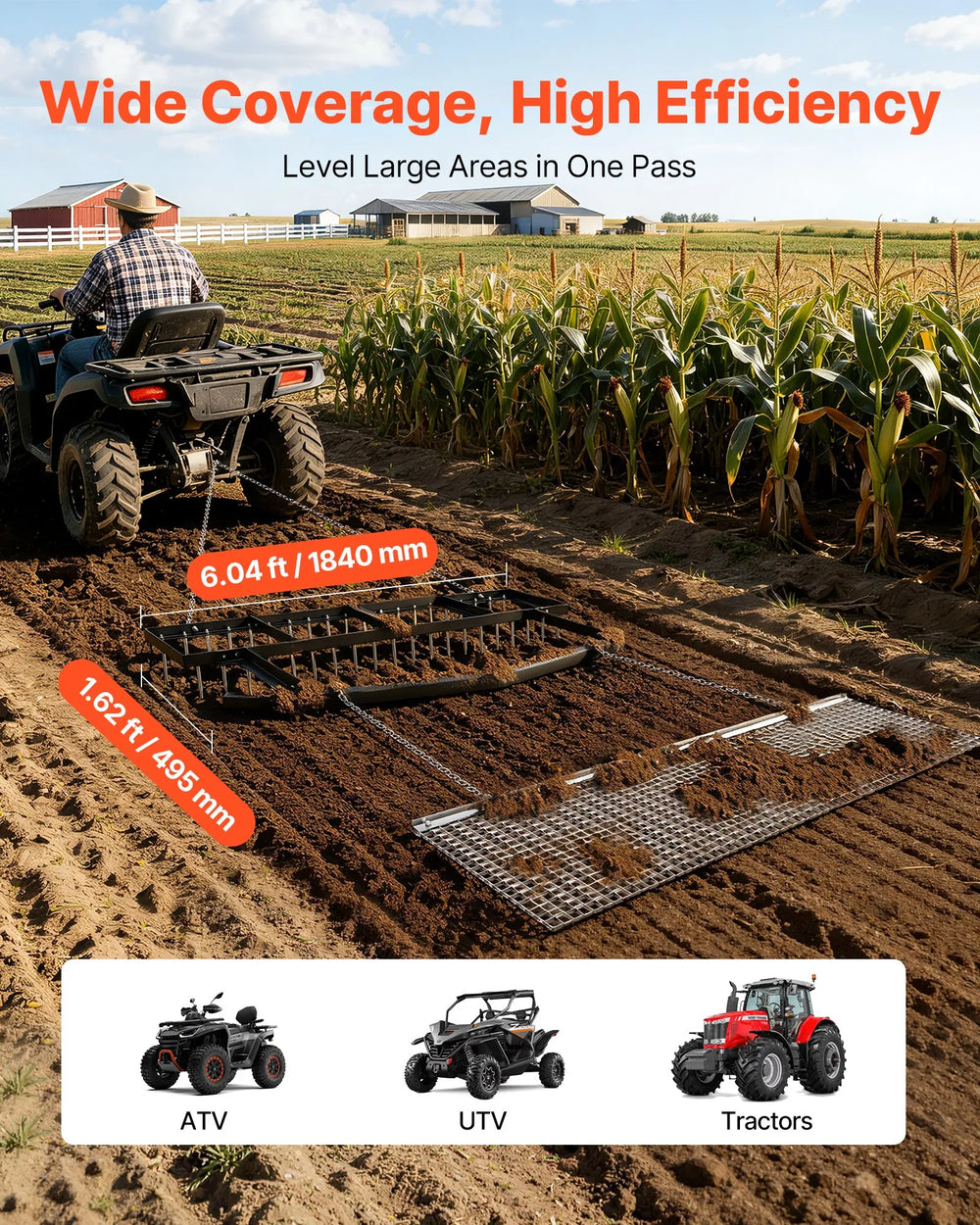 Wide coverage and high efficiency use case graphic for VEVOR drag harrow