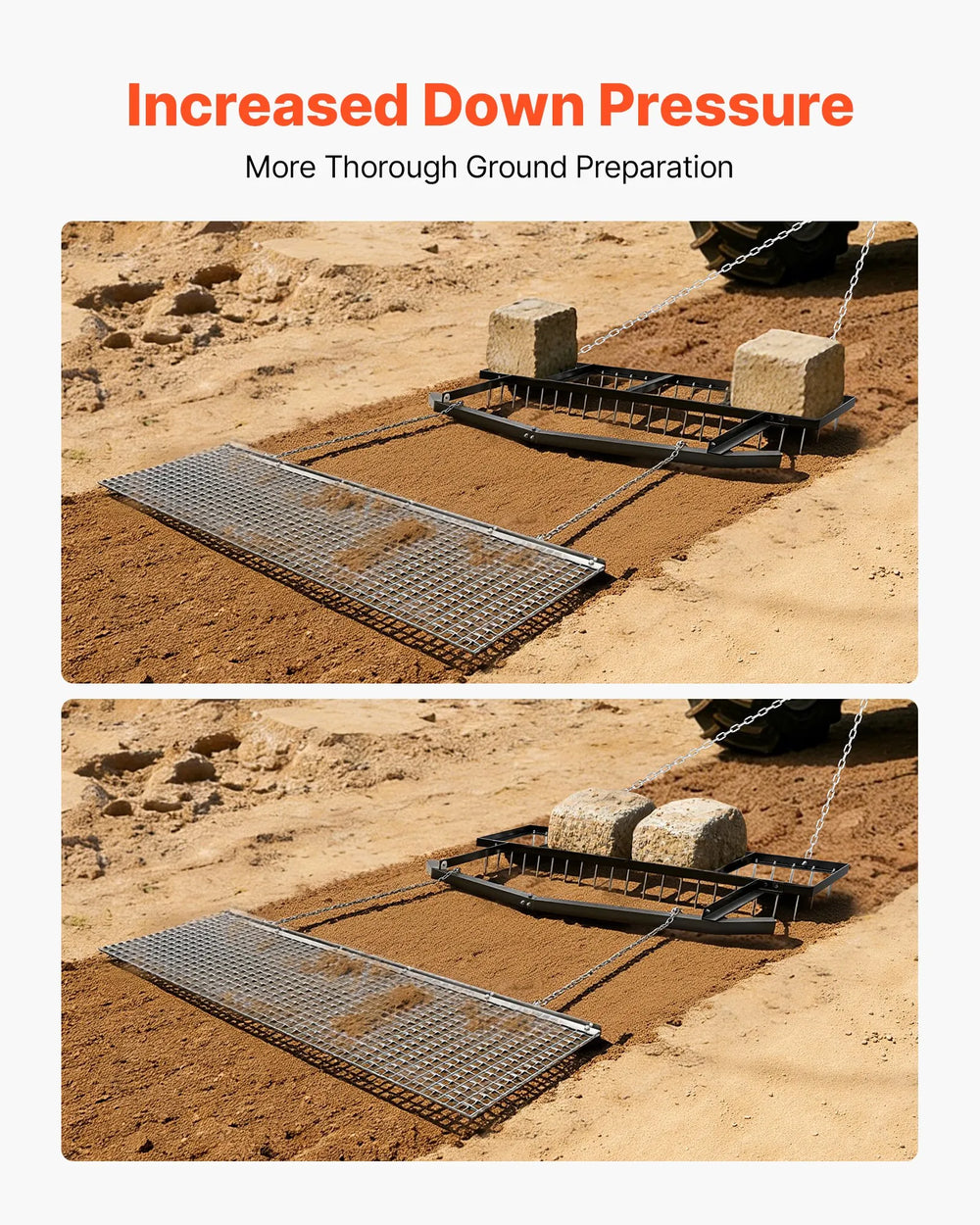 Increased down pressure use case graphic for VEVOR drag harrow