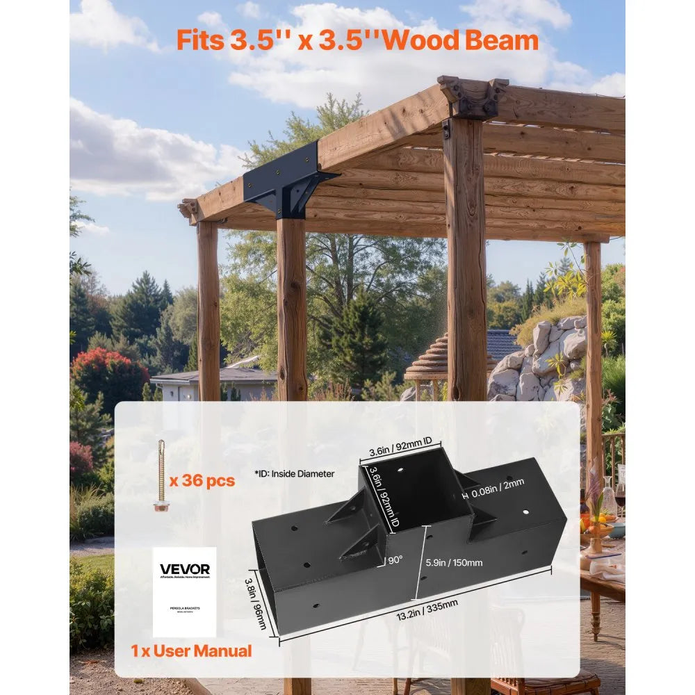 VEVOR Pergola Kit 2-Pack, T-Shaped 4x4 (Actual 3.5x3.5 Inch), 3-Way Pergola Brackets DIY Woodworking Gazebo Bracket Kit with Screws for 3.5x3.5 Inch Wood Beams in Actual Size for Outdoor Party Banquet