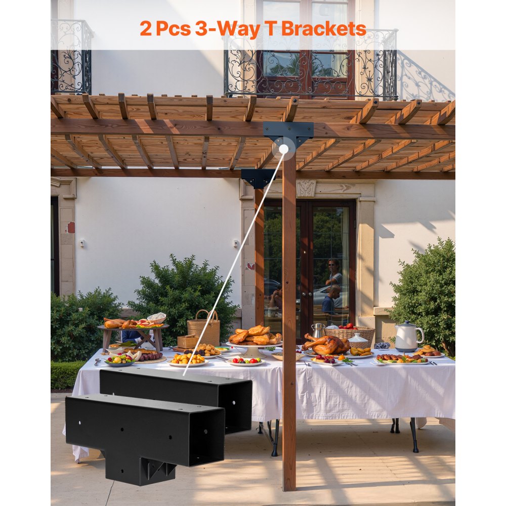 VEVOR Pergola Kit 2-Pack, T-Shaped 4x4 (Actual 3.5x3.5 Inch), 3-Way Pergola Brackets DIY Woodworking Gazebo Bracket Kit with Screws for 3.5x3.5 Inch Wood Beams in Actual Size for Outdoor Party Banquet