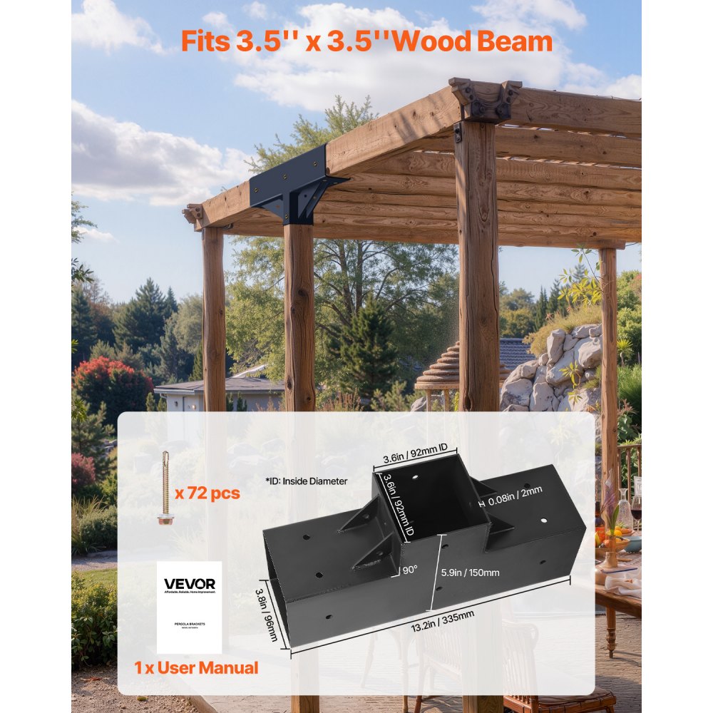 VEVOR Pergola Kit 4-Pack, T-Shaped 4x4 (Actual 3.5x3.5 Inch), 3-Way Pergola Brackets DIY Woodworking Gazebo Bracket Kit with Screws for 3.5x3.5 Inch Wood Beams in Actual Size for Outdoor Party Banquet