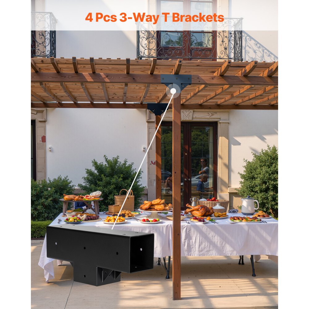 VEVOR Pergola Kit 4-Pack, T-Shaped 4x4 (Actual 3.5x3.5 Inch), 3-Way Pergola Brackets DIY Woodworking Gazebo Bracket Kit with Screws for 3.5x3.5 Inch Wood Beams in Actual Size for Outdoor Party Banquet
