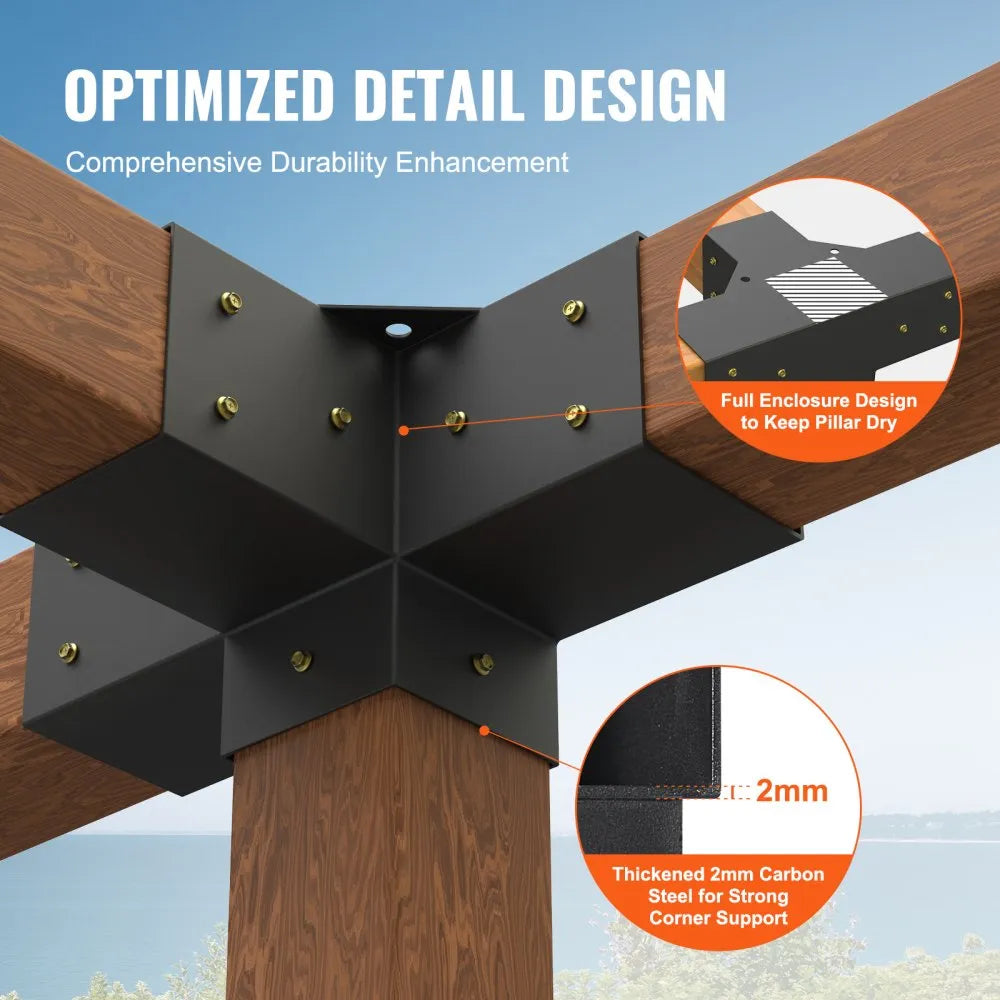 VEVOR Pergola Bracket Kit 4''x4''(Inner Size 3.6x3.6), 2pcs 4-Way Heavy Duty Corner Bracket Woodworks DIY Post Base Kit, Easy Installation Wooden Beams for Gazebos, Patio Pergolas, Log Cabin Outdoor