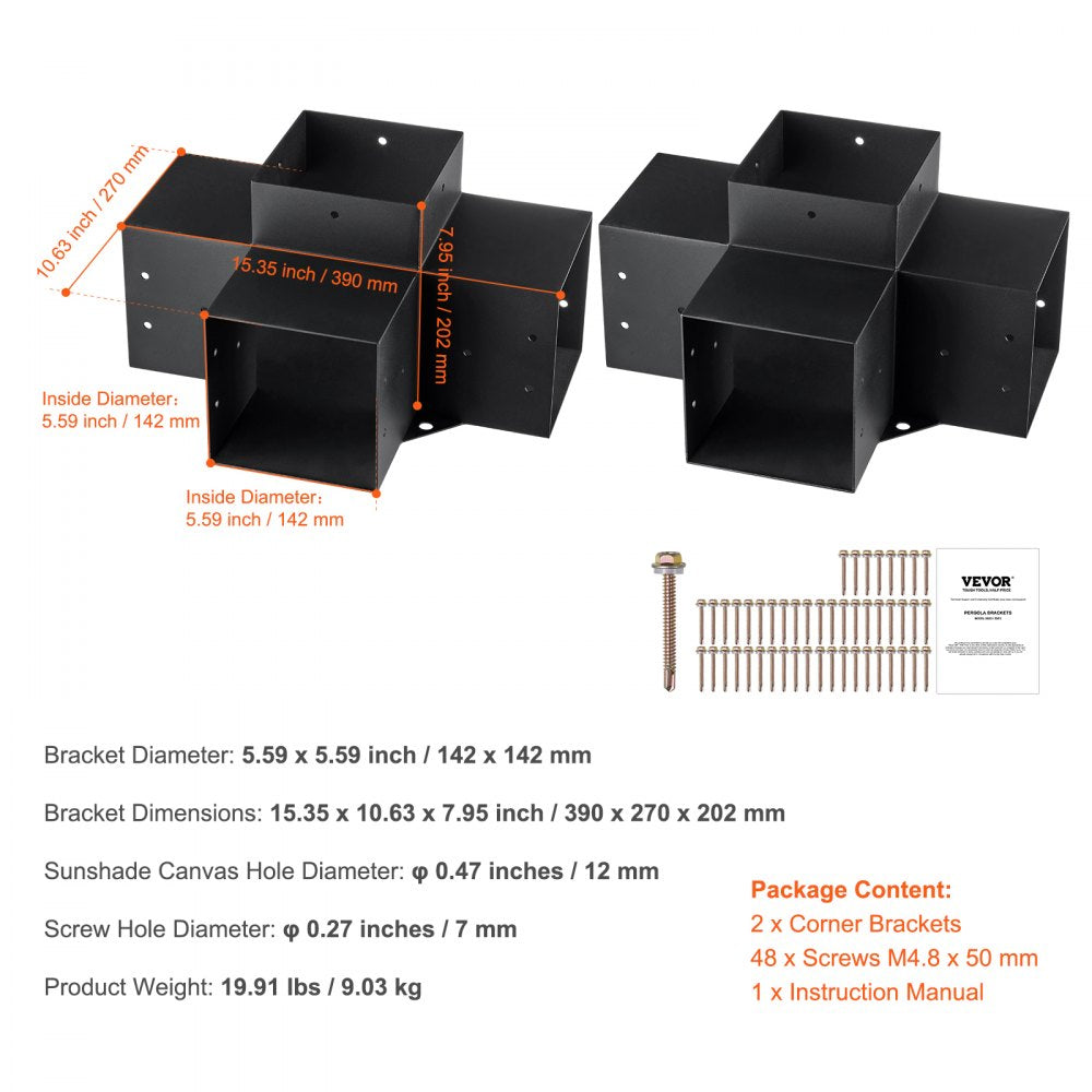 VEVOR Pergola Bracket Kit 6''x6''(Inner Size 5.6x5.6), 2pcs 4-Way Heavy Duty Corner Bracket Woodworks DIY Post Base Kit, Easy Installation Wooden Beams for Gazebos, Patio Pergolas, Log Cabin Outdoor